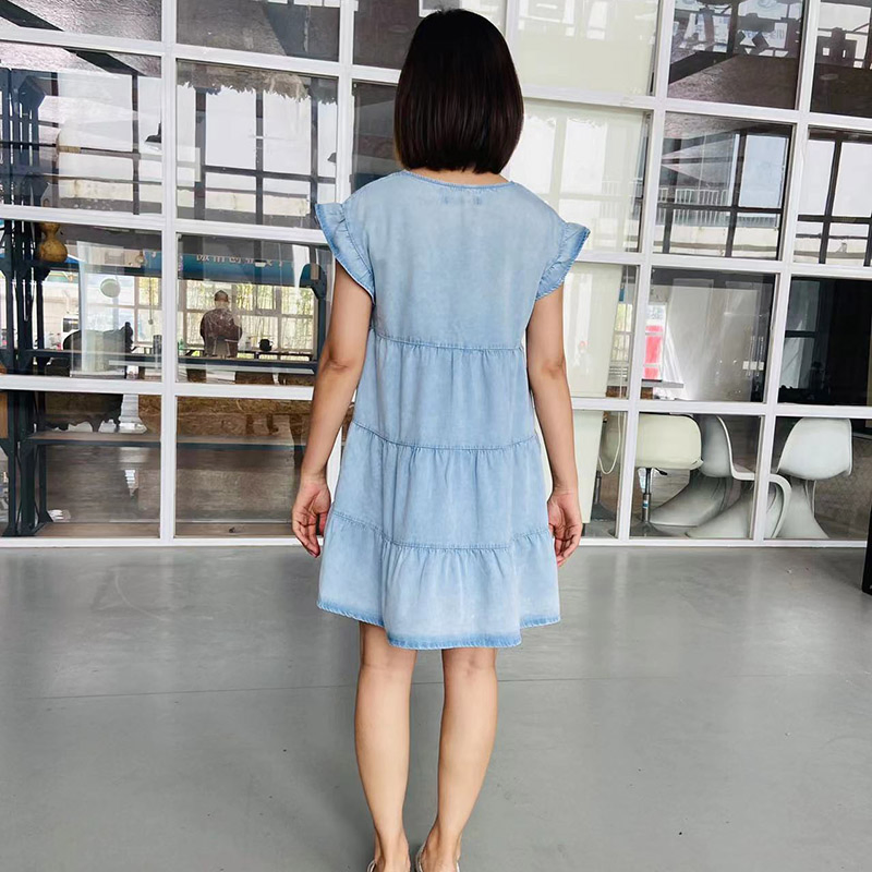 Vestido de tirantes sin mangas con volantes en V de algodón vaquero vintage de lavado ligero
