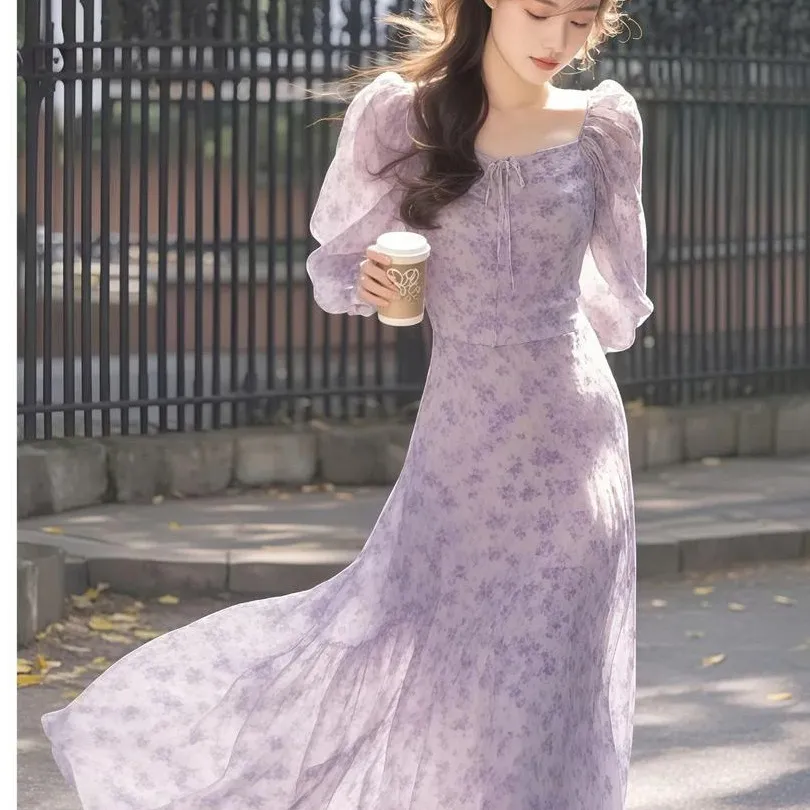Nuevo vestido de boutique para mujeres de estilo francés en color púrpura con flores