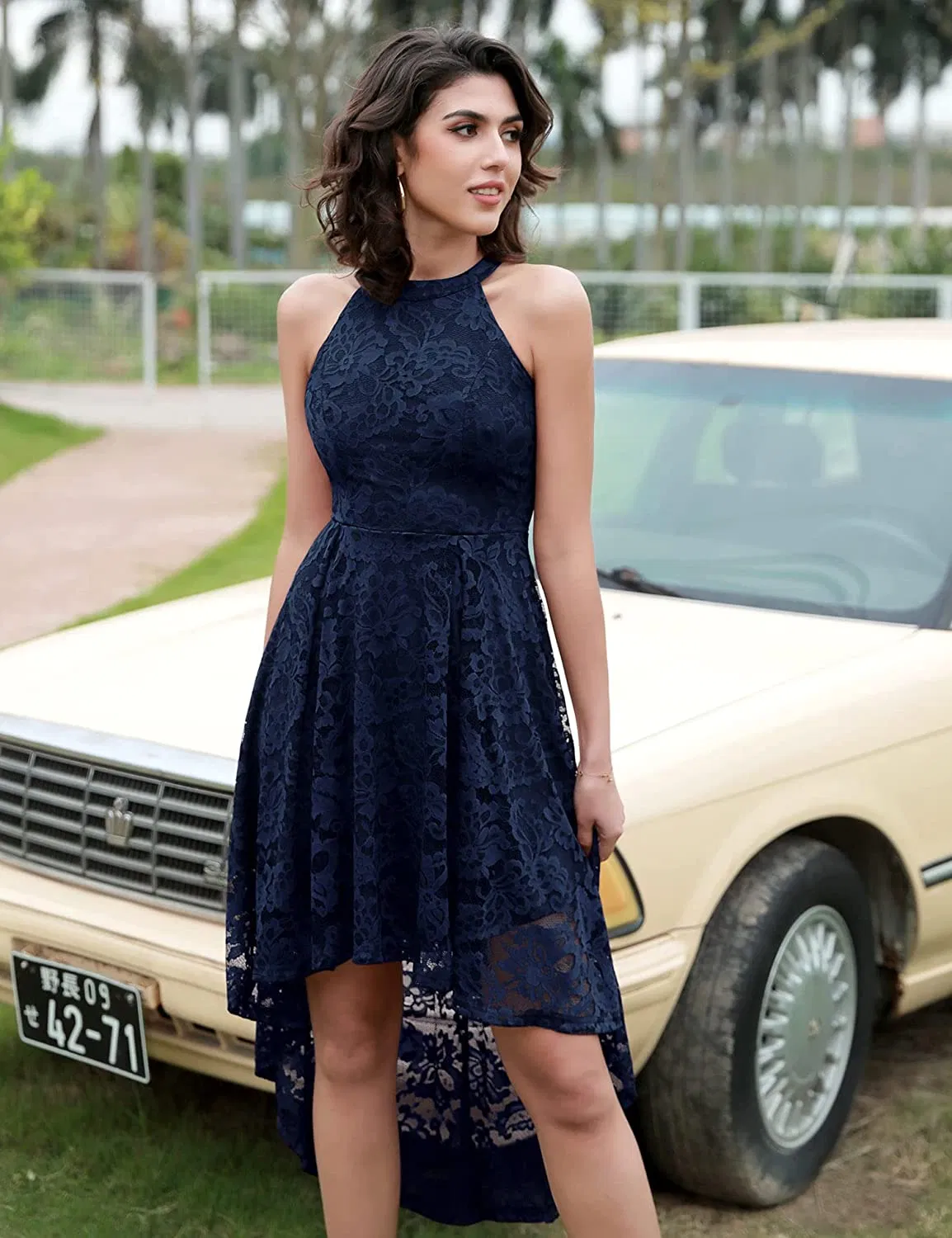 Vestido de cóctel de encaje floral sin mangas para mujer, vestido de dama de honor con dobladillo asimétrico