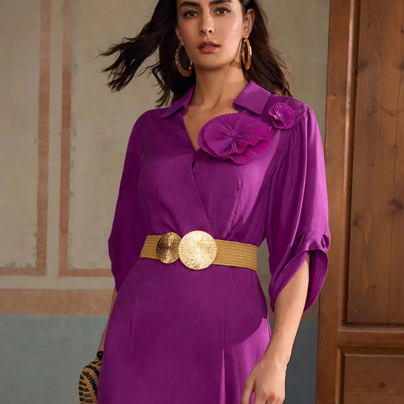 Vestidos casuales de venta caliente para mujeres, elegantes vestidos maxi de manga larga con cuello en V y plisados, vestidos de oficina para damas