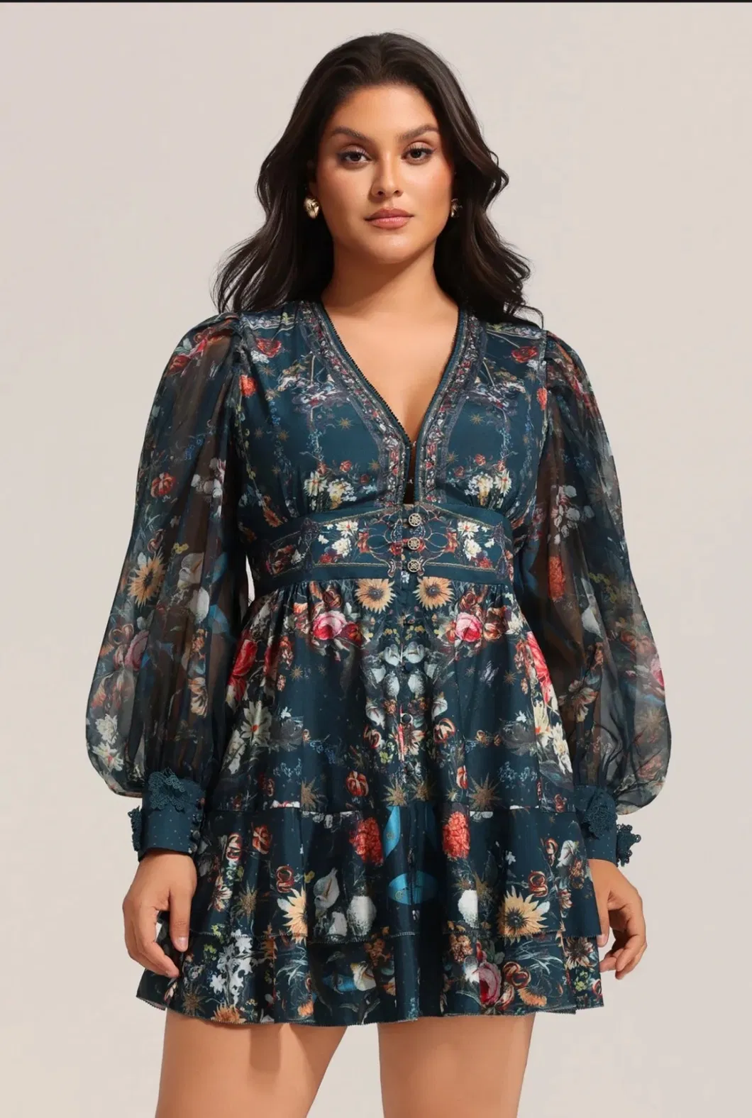 Impresión personalizada retro elegante vestido sexy de cuello en V, diseño lujoso hecho a medida, vestido de fiesta para mujer