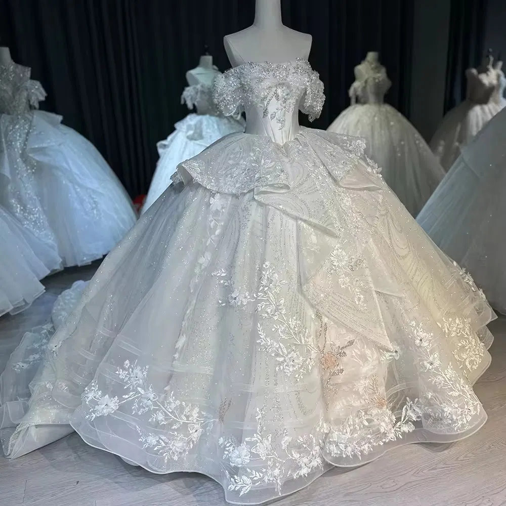 Vestidos de boda para mujeres, personalizados, con hombros al descubierto, hechos a mano, con encaje y cuentas