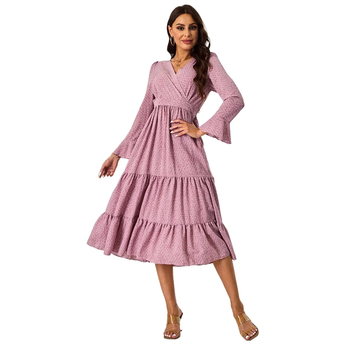 Vestido largo de mujer con cuello en V, de manga larga, plisado, color rosa vintage impreso