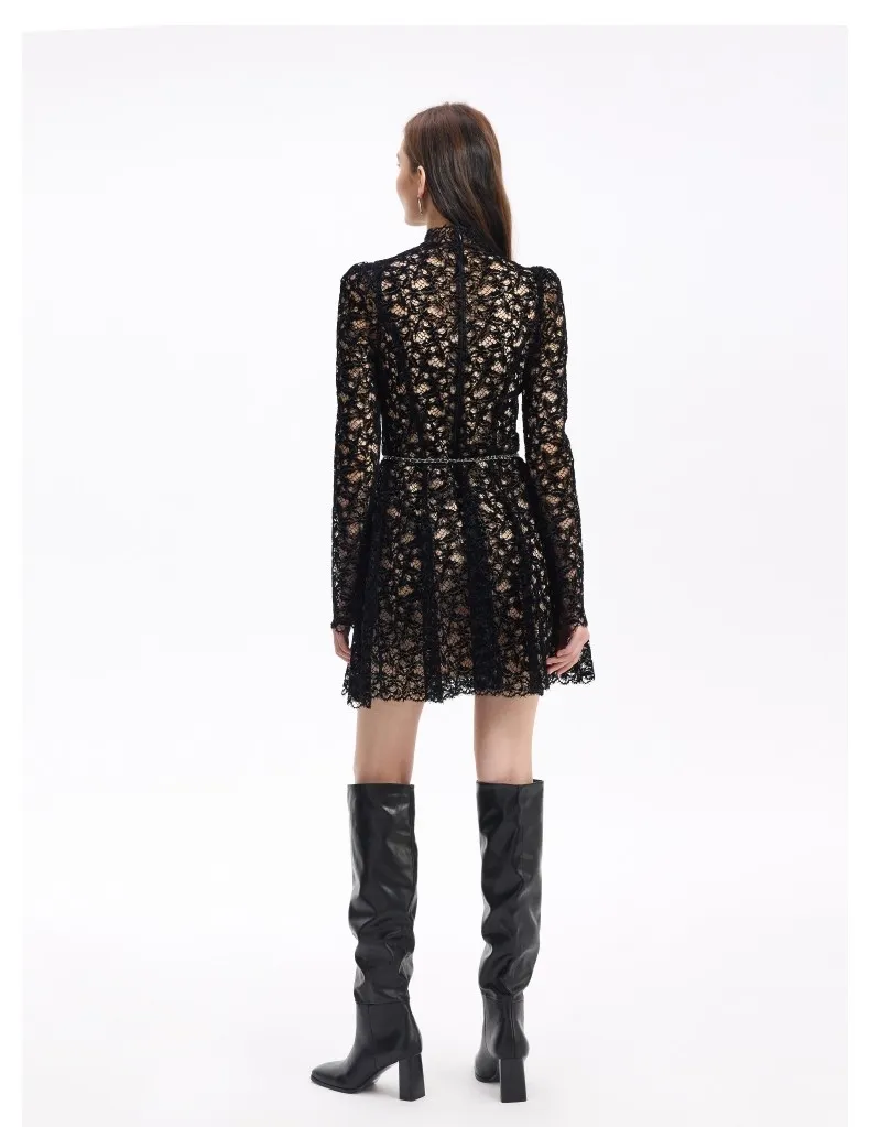 Vestido MIDI de lujo para mujeres al por mayor, personalizado, con encaje formal, mangas largas y diseño de cuello redondo alto