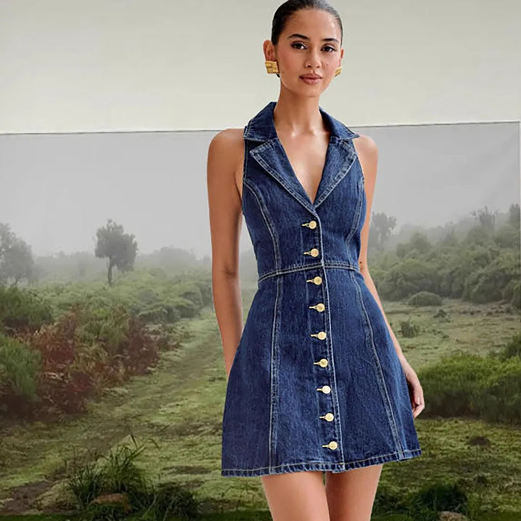 2026 Nueva blusa de patchwork sin mangas con escote en V y corsé, con cierre de botones, y vestido de mezclilla para mujeres