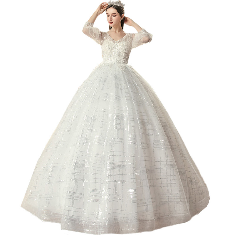 Cubierta de barriga de mujer, vestido de boda soñado de manga larga y grande