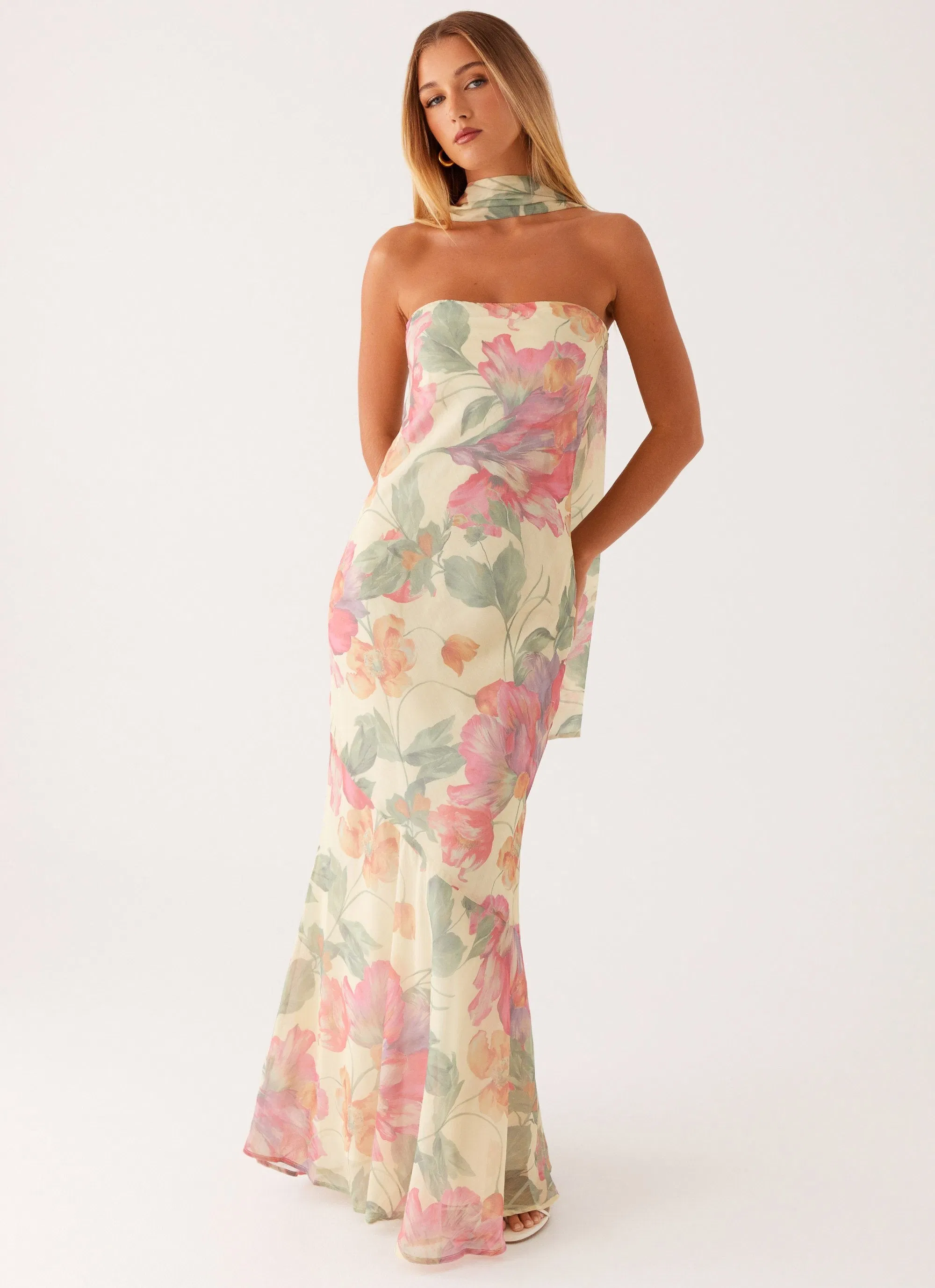 Vestido Maxi Sin Tirantes y Sin Espalda con Estampado Floral para Mujeres, Gown Formal Largo de Chifón con Cuello de Bufanda