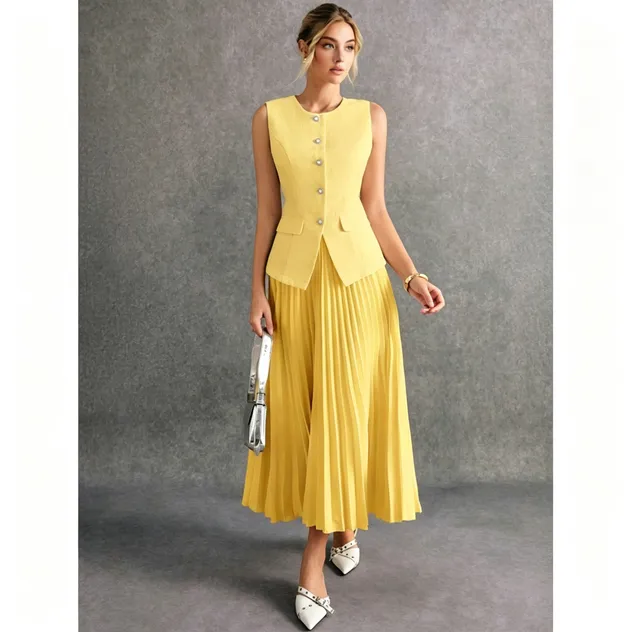 Elegante Amarillo Chaleco Sin Mangas y Conjunto de Falda MIDI Plisada