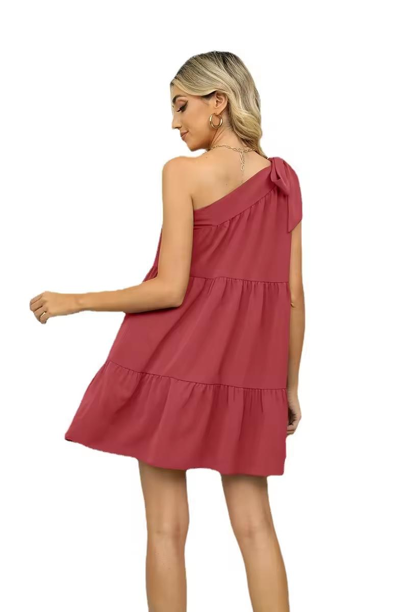 Vestidos casuales para mujeres de color sólido, con hombro inclinado, sin mangas y decoración de lazo