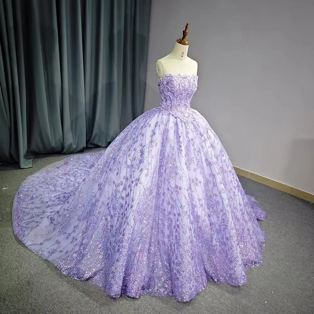 Fabricante Profesional Vestidos de Boda para Mujeres de Quinceañera de Lujo con Lentejuelas Moradas