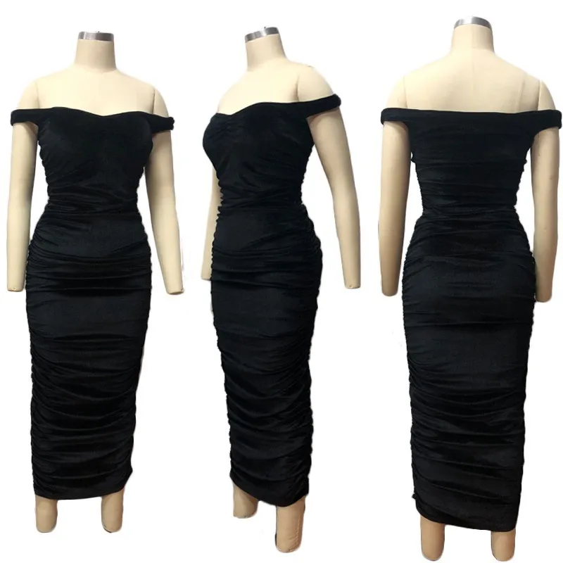 Vestido de noche elegante y sexy de tubo largo de terciopelo con fruncidos para mujeres