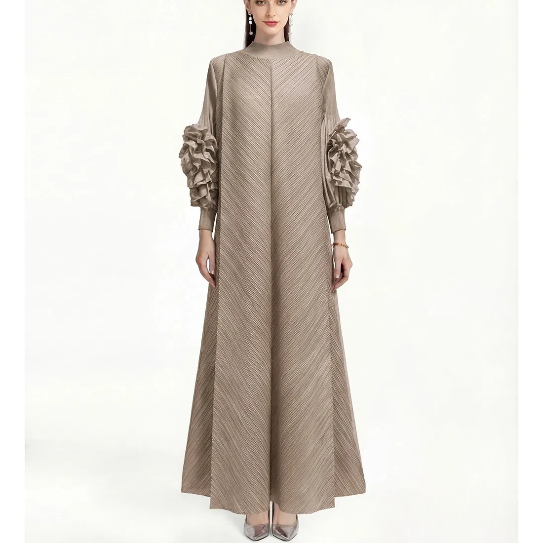 Vestido Vintage Plisado de Color Sólido para Mujeres Estilo Niche Ligero y Maduro Vestido Largo Suelto