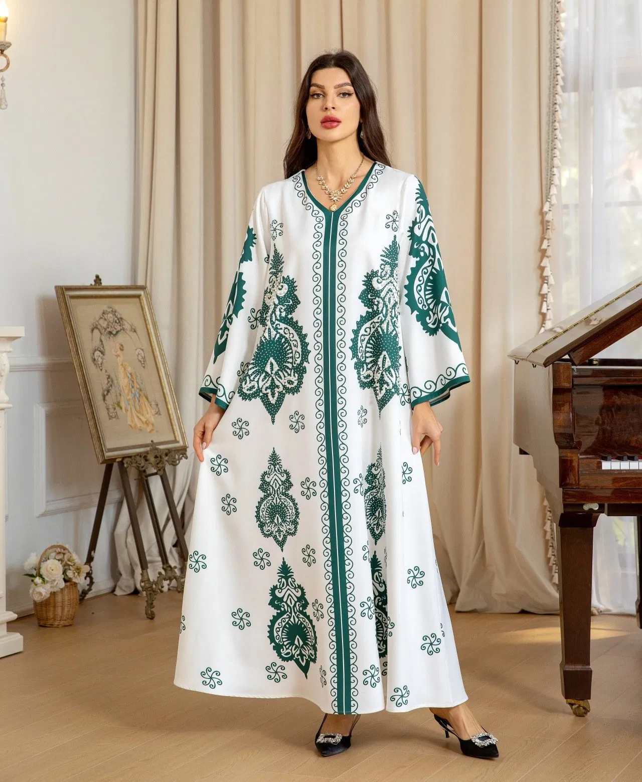 Vestido de kaftán de lujo de Dubái para mujeres con adornos de strass y cuentas, elegante abaya larga impresa, vestidos de mujer, bata larga, personalización OEM