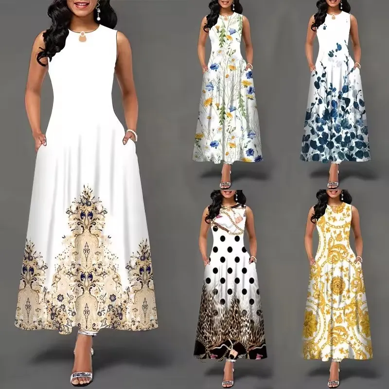 Vestido largo sin mangas de alta calidad con estampado de posicionamiento para mujeres, vestido maxi bohemio vintage