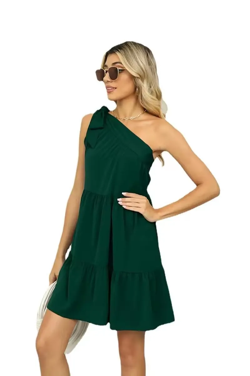 Vestidos casuales para mujeres de color sólido, con hombro inclinado, sin mangas y decoración de lazo