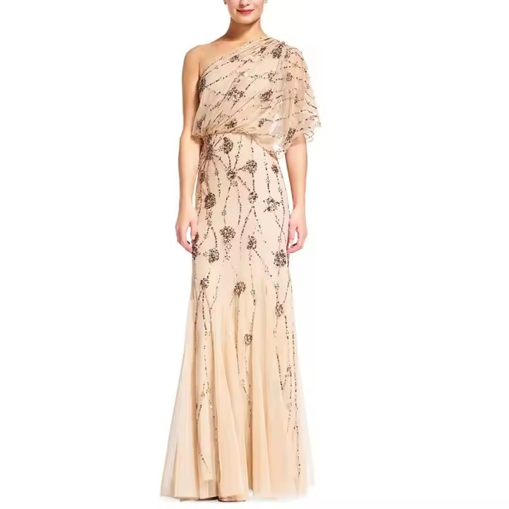 Vestido elegante de una sola manga para mujeres y niñas, de mejor calidad, personalizado, oversize, con cuentas, vestido de primavera para la noche