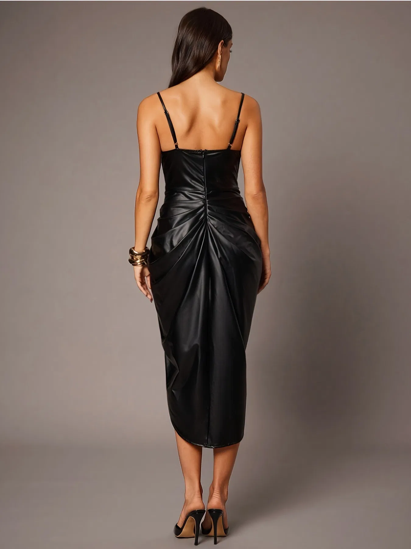 Vestido A-Line de color sólido PU sexy sin mangas con pliegues, vestido ajustado para mujeres, atuendo diario y de fiesta