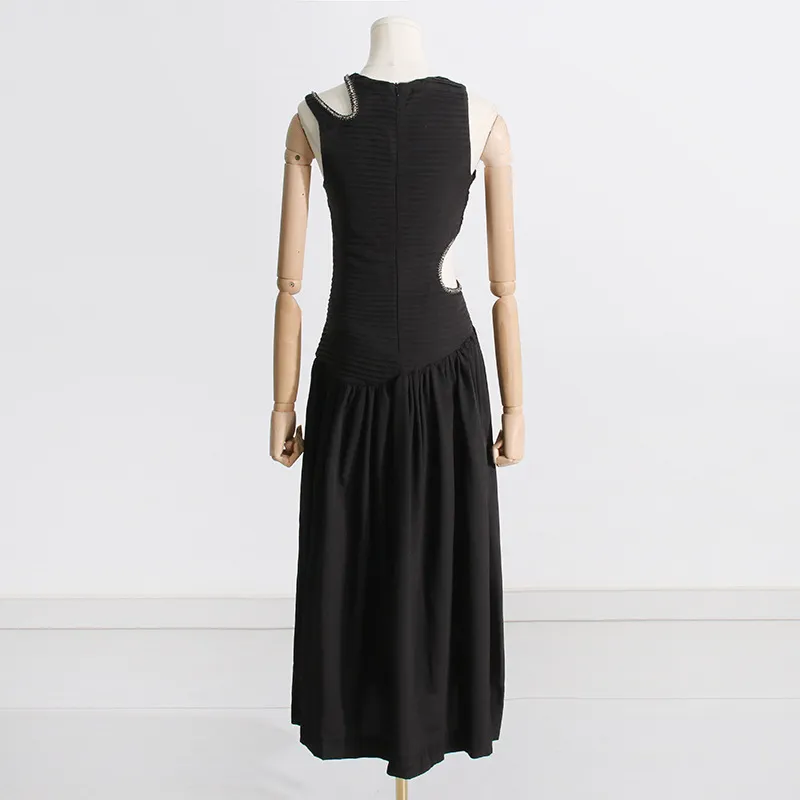 Vestido Largo Adelgazante de Cintura Primavera Nuevo Diseño Sin Mangas Sensación Hueca Vestidos Plisados para Mujeres
