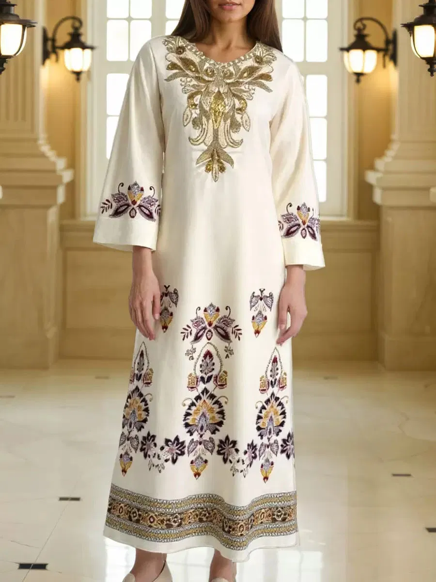 Vestido largo de kurta para mujer con estampado, cuentas, tachuelas de rhinestone y bordado