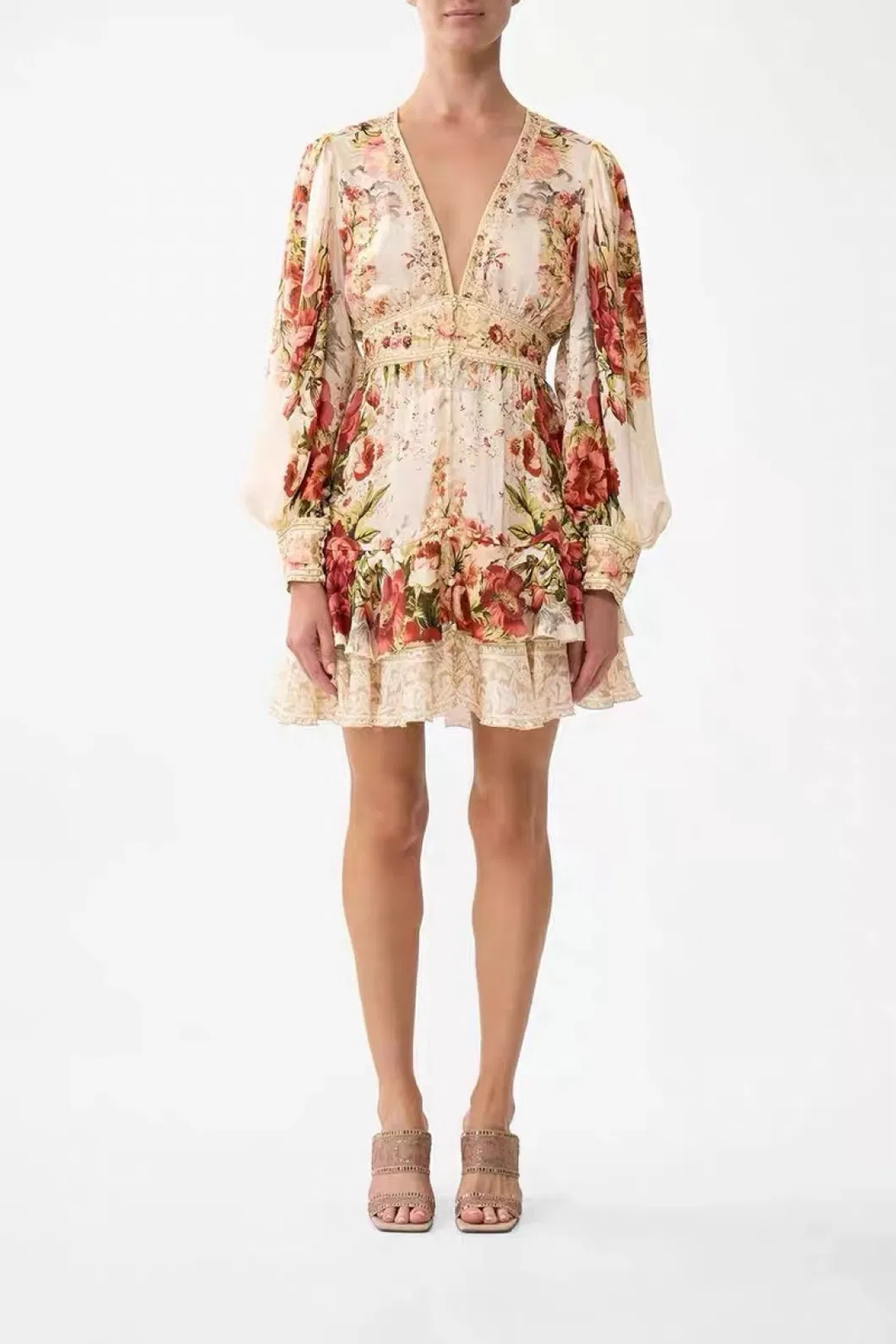 Vestido Vintage de Cuello en V, Cintura Alta, Ajustado, con Estampado Francés, Hecho a Medida con Diseño Lujoso, Vestido de Fiesta para Ocasiones Especiales
