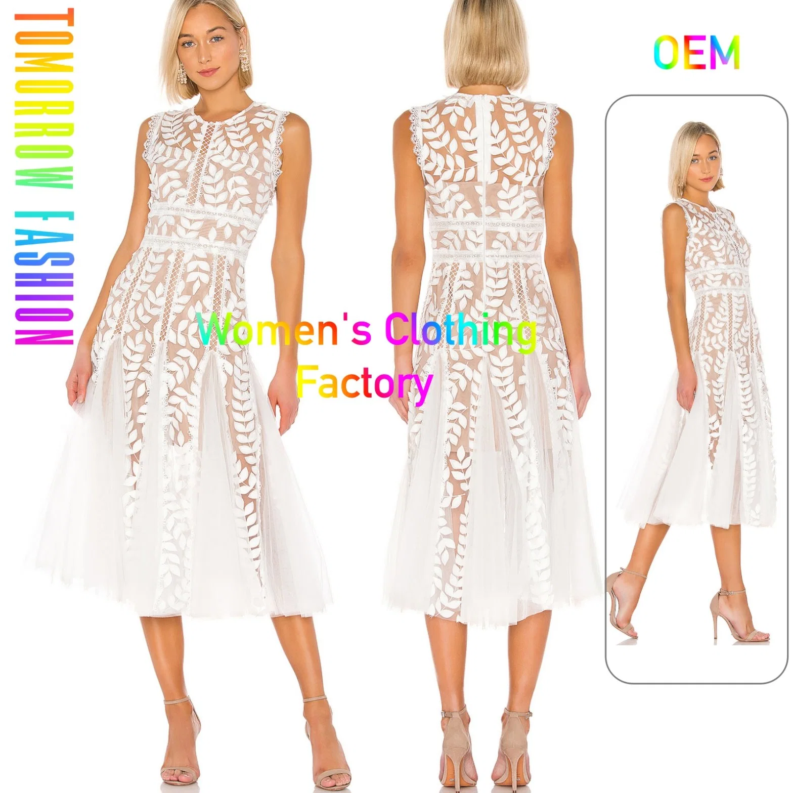 OEM Moda Verano Personalizado Logo Aplique Floral Último Nuevo Diseño Ropa Elegante para Mujeres Dama Vestidos Casuales MIDI Blancos con Detalle de Encaje de Malla