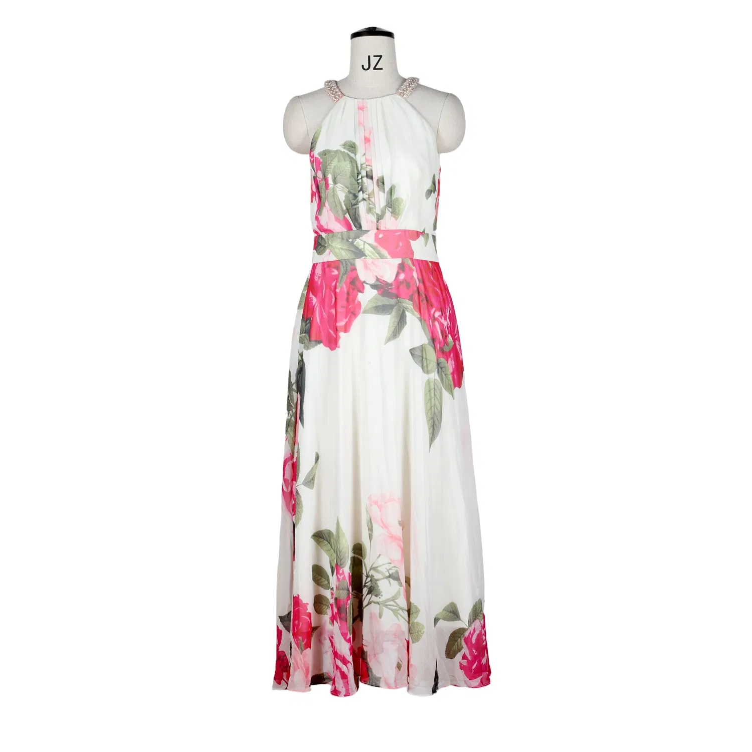 Vestido maxi de tirantes halter con estampado floral y cuello con cuentas, y lazo en la espalda para eventos formales y como invitada de boda