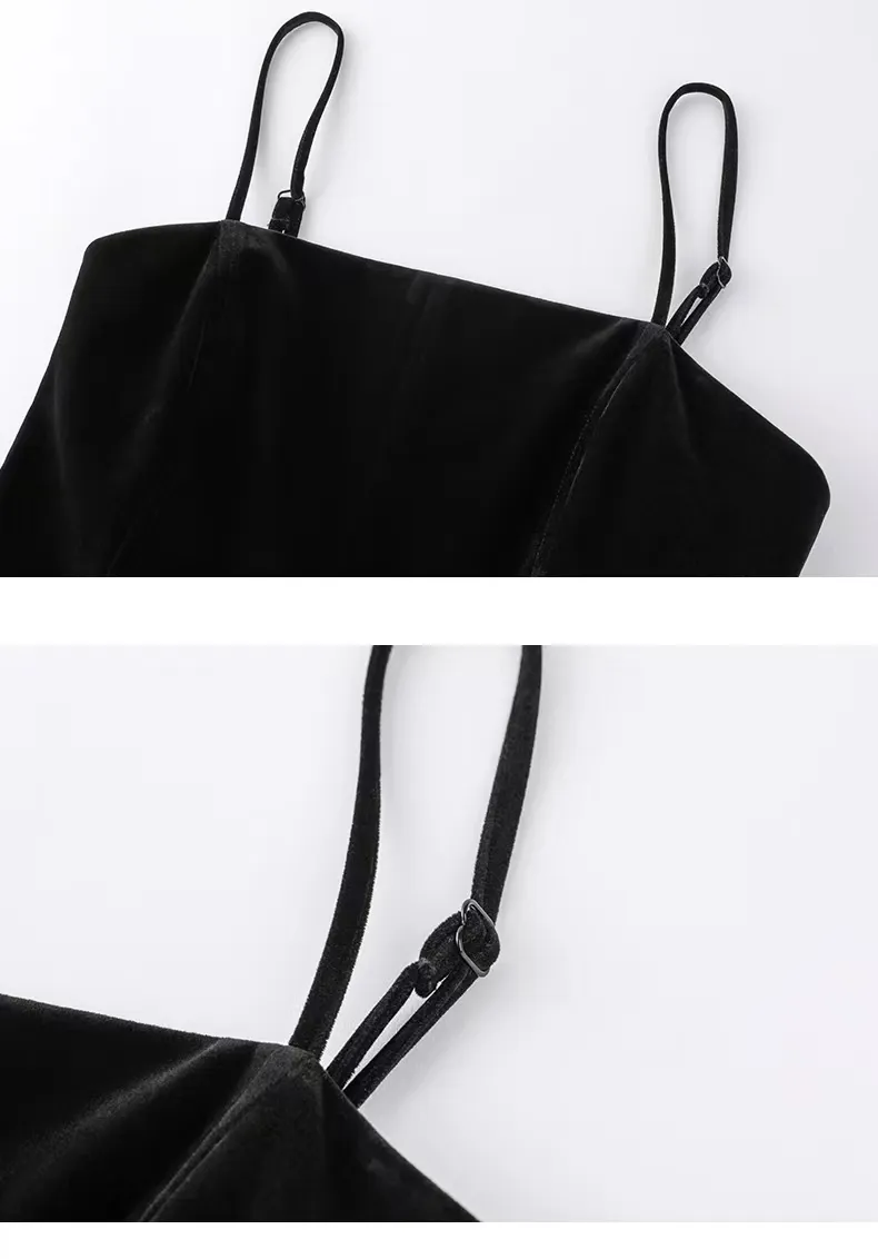 Vestido de tirantes mini negro de terciopelo A-line para mujeres, de alta calidad, para fiestas y ocasiones especiales