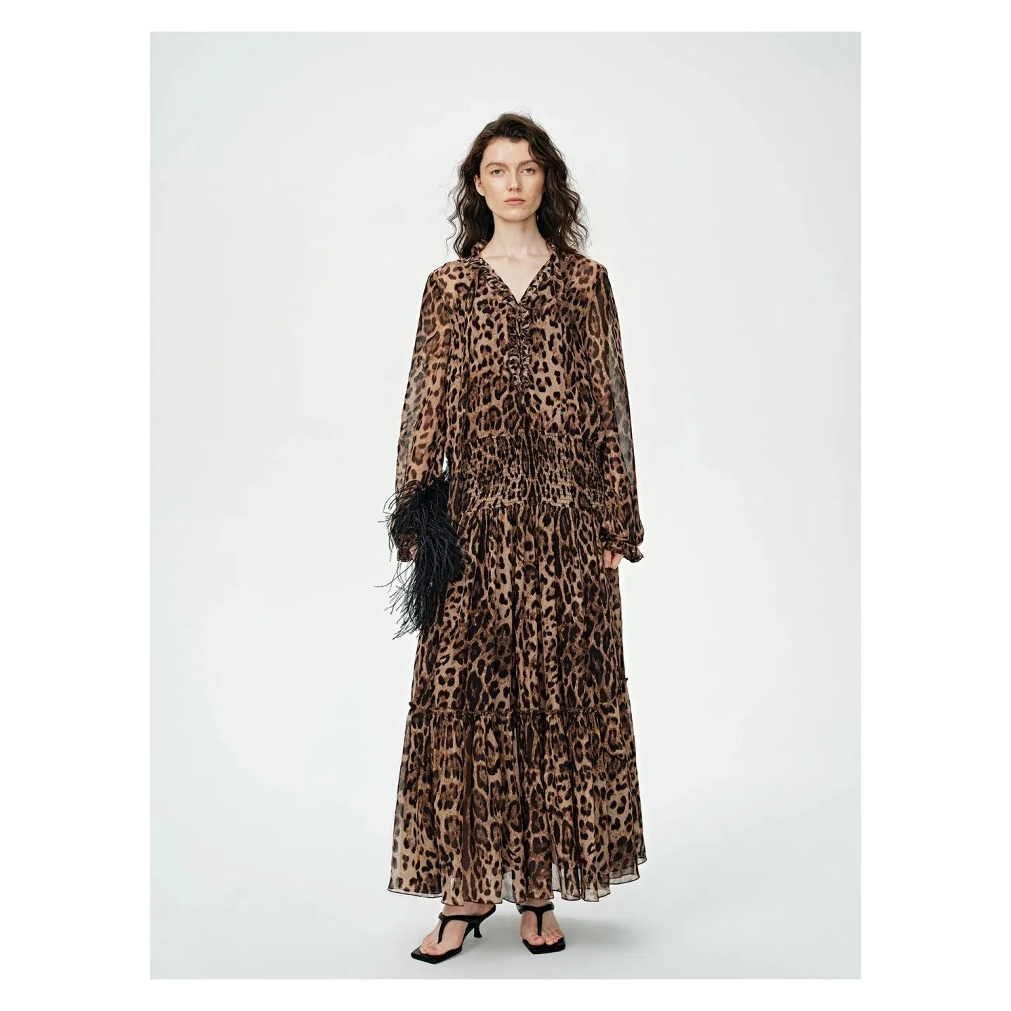 Vestido largo de manga larga de leopardo de lyocell y algodón para mujer, estilo vintage de resort, con cintura ajustada y falda acampanada