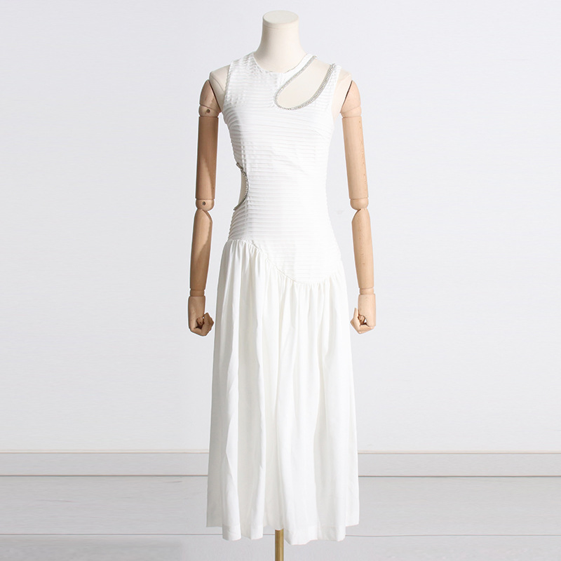 Vestido Largo Adelgazante de Cintura Primavera Nuevo Diseño Sin Mangas Sensación Hueca Vestidos Plisados para Mujeres