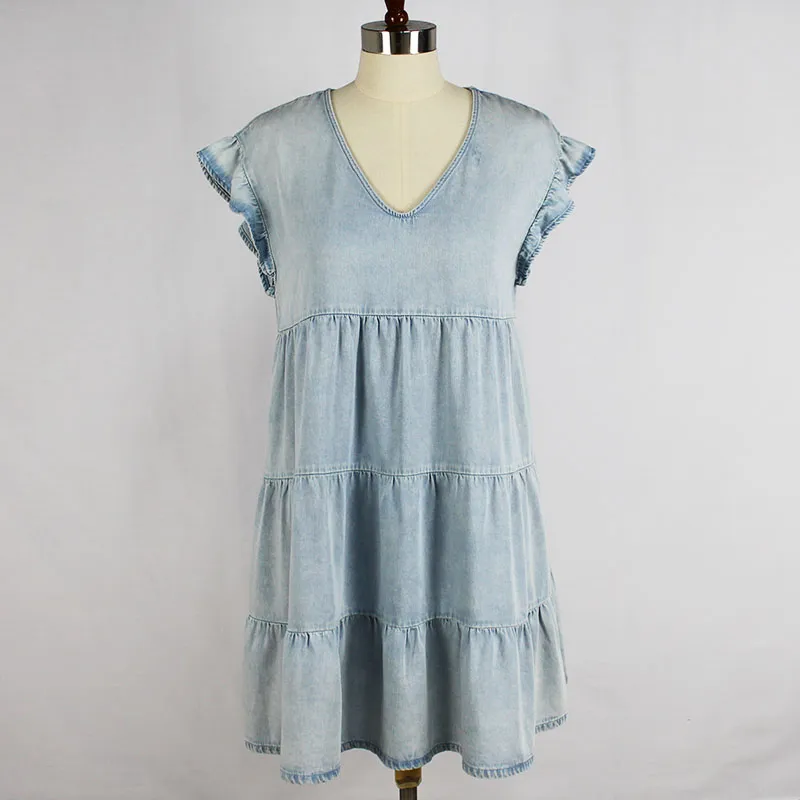 Vestido de tirantes sin mangas con volantes en V de algodón vaquero vintage de lavado ligero