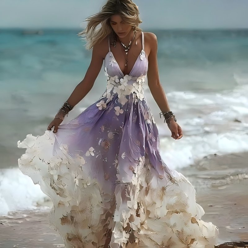 Vestido Maxi de Tirantes Espagueti Floral Elegante para Playa de Mujeres 3D