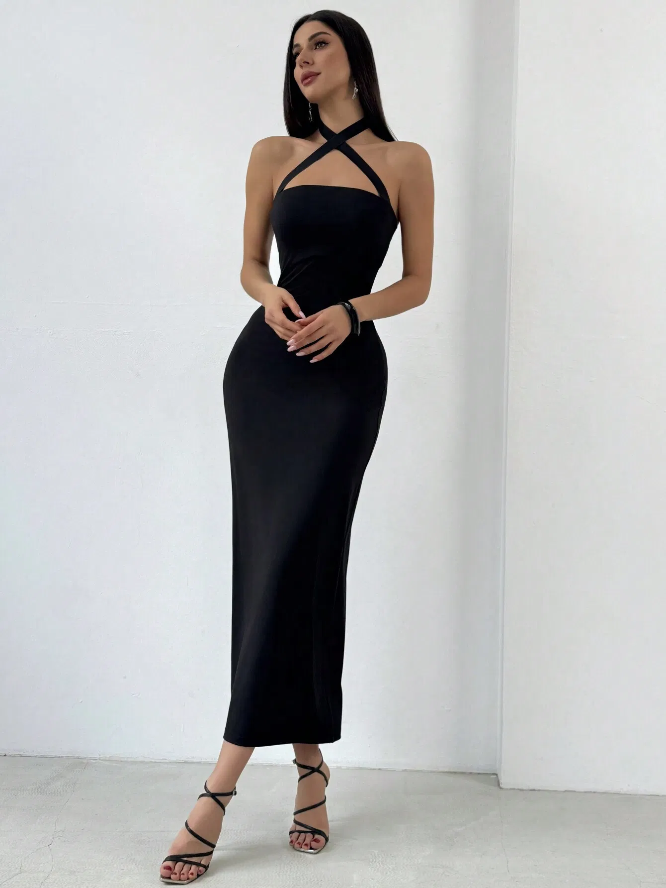 Vestido midi ajustado sin mangas con cruce en la parte posterior, elegante vestido de fiesta de punto elástico