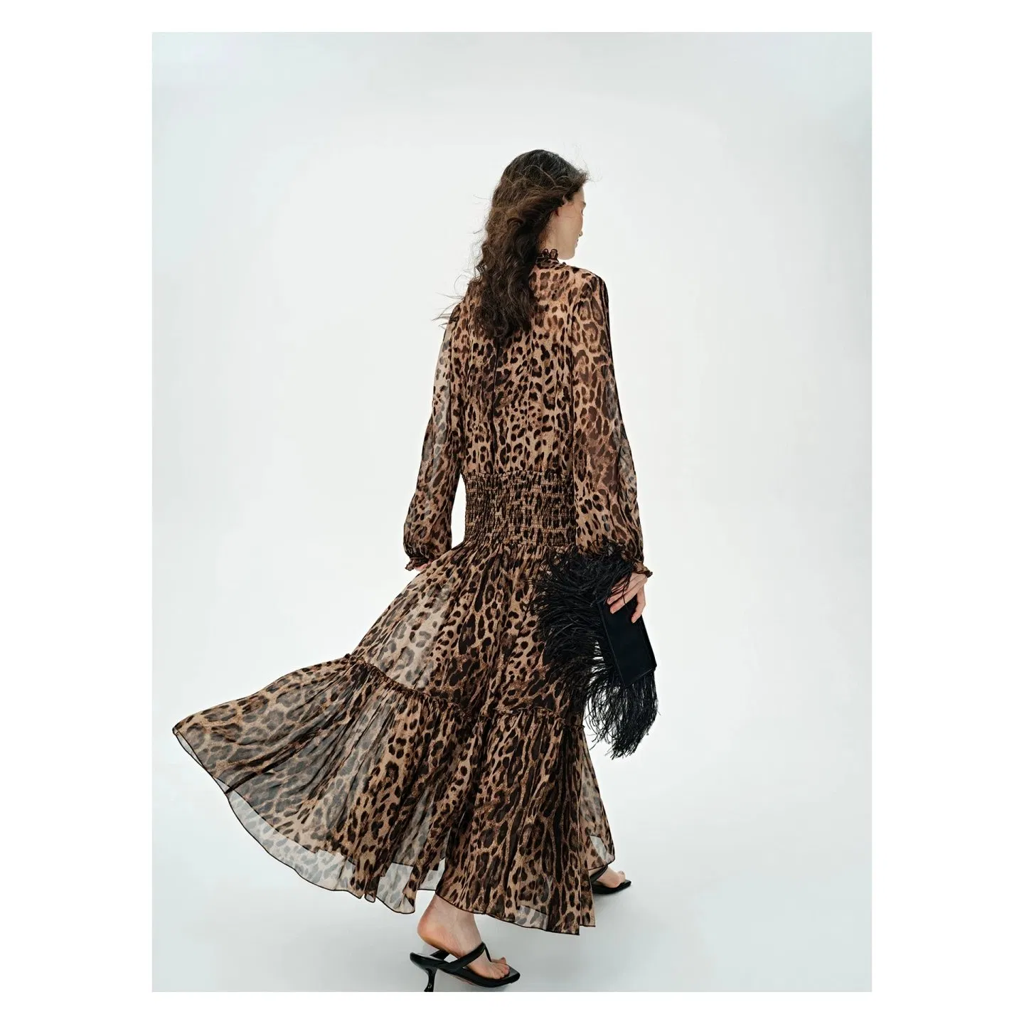 Vestido largo de manga larga de leopardo de lyocell y algodón para mujer, estilo vintage de resort, con cintura ajustada y falda acampanada