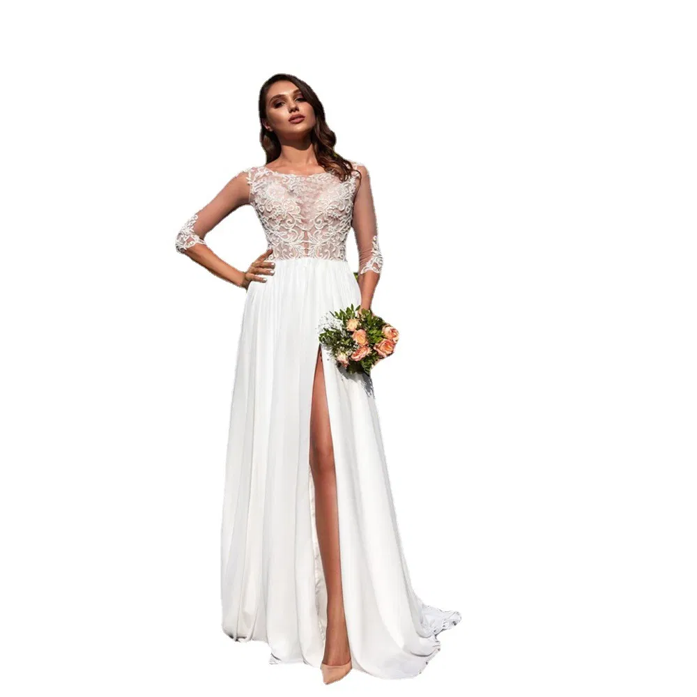 Vestido de novia de encaje de manga larga, vestido de boda de gasa blanca, ropa de mujer