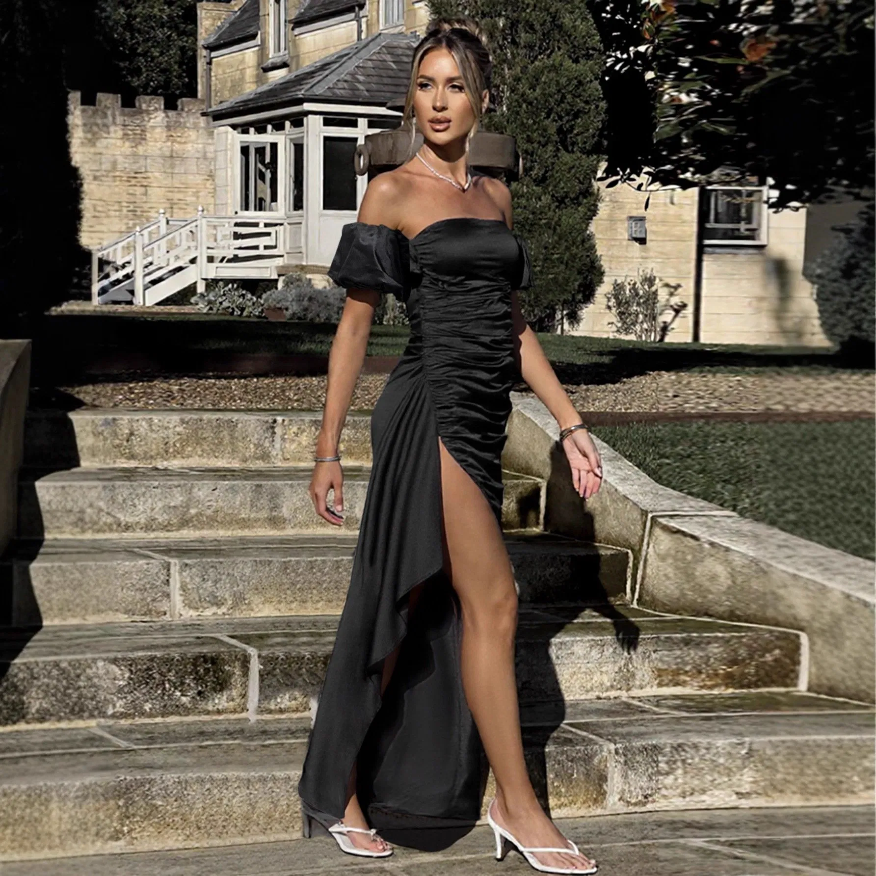 Vestido de Noche Plisado con Alta Abertura Elegante para Mujeres