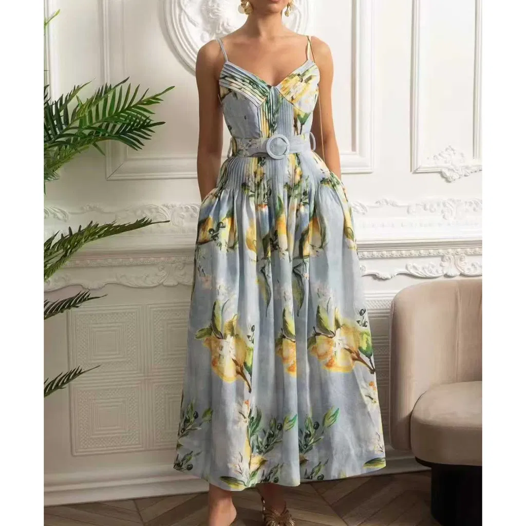 Vestidos de mujer verano nuevos estilos con encaje retro impreso de tirantes con temperamento