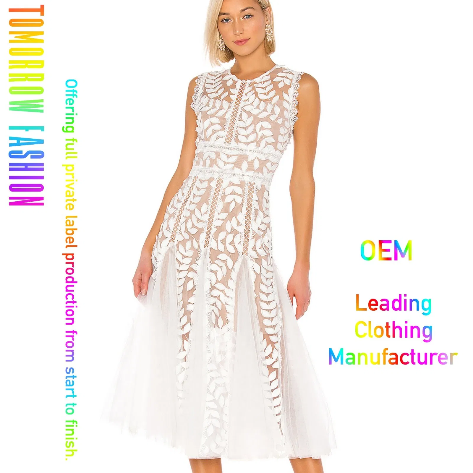 OEM Moda Verano Personalizado Logo Aplique Floral Último Nuevo Diseño Ropa Elegante para Mujeres Dama Vestidos Casuales MIDI Blancos con Detalle de Encaje de Malla