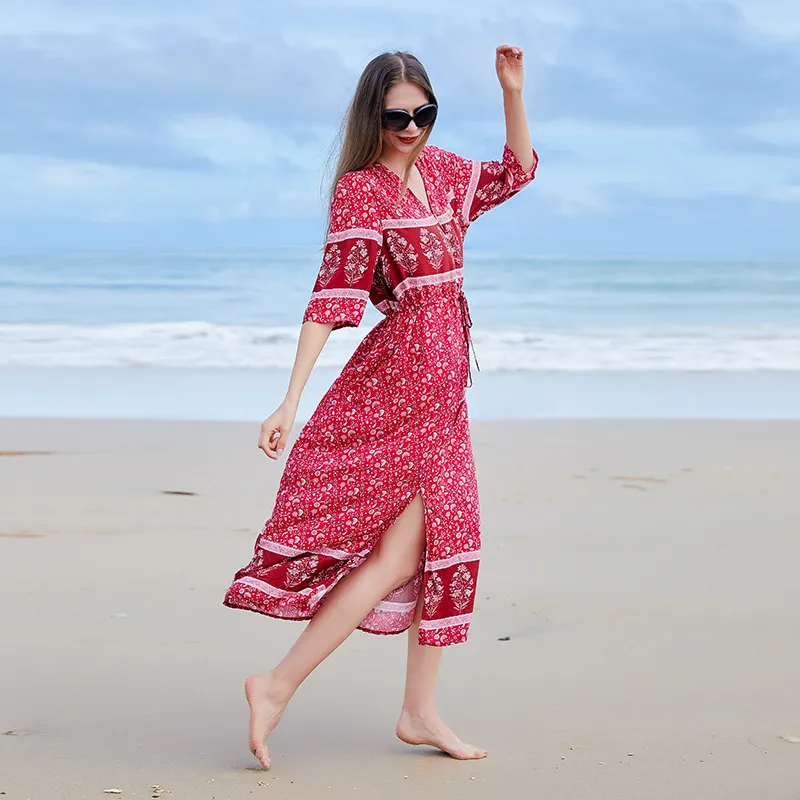 Vestido de vacaciones de playa con escote en V bohemio para mujeres de talla grande