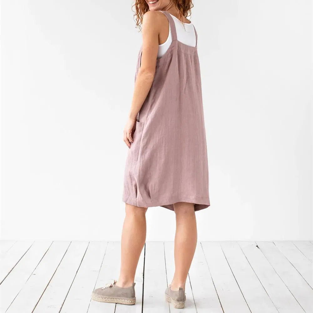 Primavera 2023 Ropa de Mujer Verano Tirantes de Hombro Vestido de Lino MIDI con Pliegues Línea A Casual Vestido Vestido De Damas