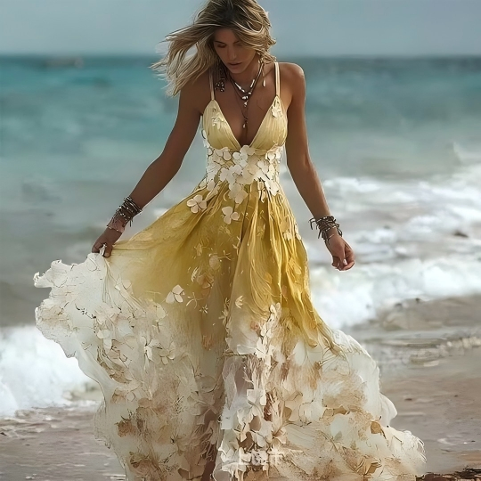 Vestido Maxi de Tirantes Espagueti Floral Elegante para Playa de Mujeres 3D
