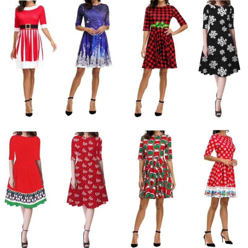 2027new Vestido de media manga de cuello redondo elegante y de alta gama impreso para mujeres de Navidad