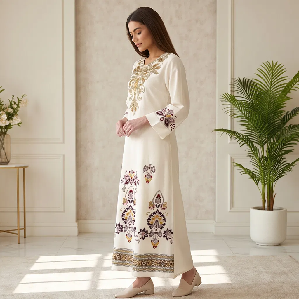Vestido largo de kurta para mujer con estampado, cuentas, tachuelas de rhinestone y bordado