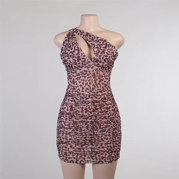 Vestido mini de malla con un hombro, estampado de leopardo, con abertura y fruncido sexy para mujeres