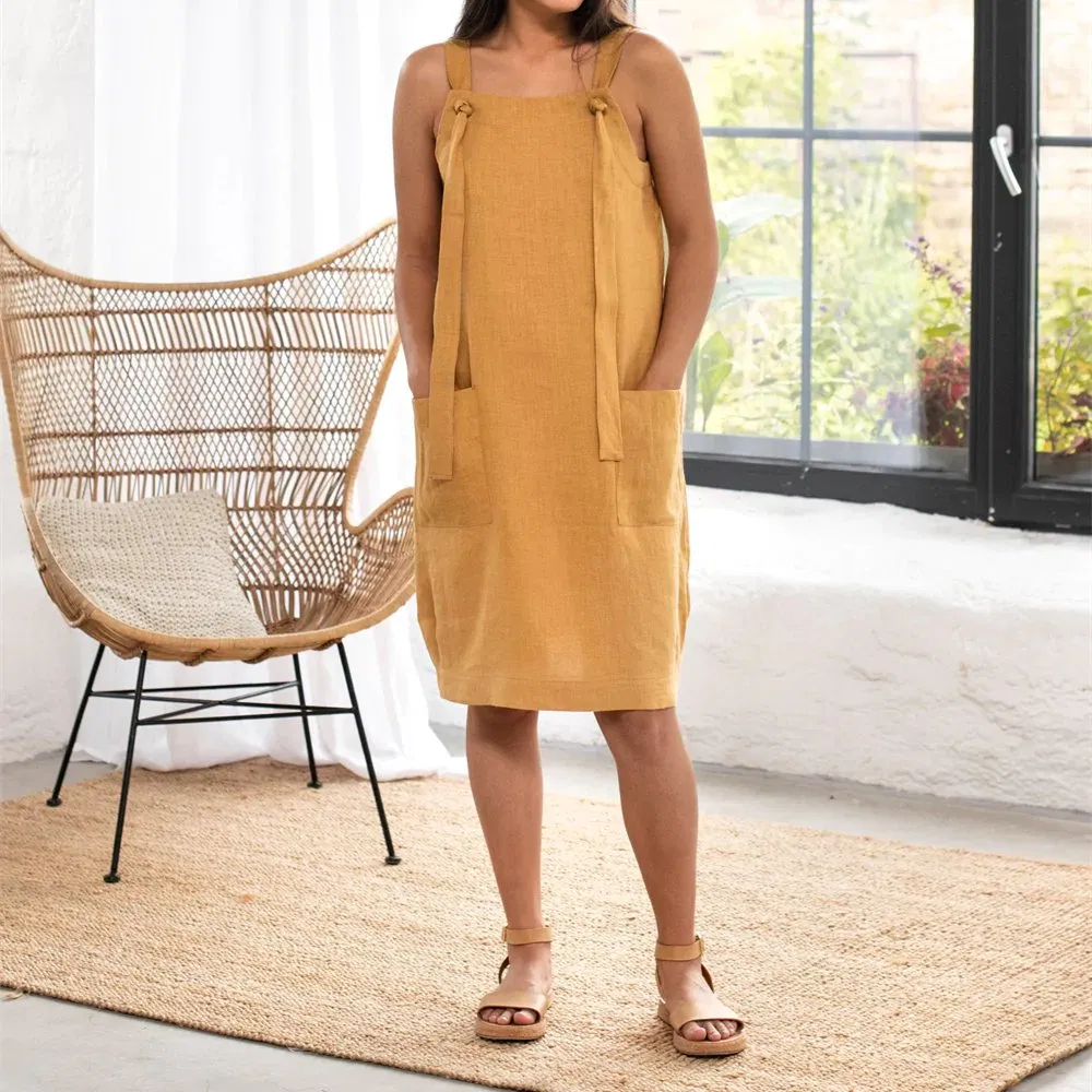 Primavera 2023 Ropa de Mujer Verano Tirantes de Hombro Vestido de Lino MIDI con Pliegues Línea A Casual Vestido Vestido De Damas