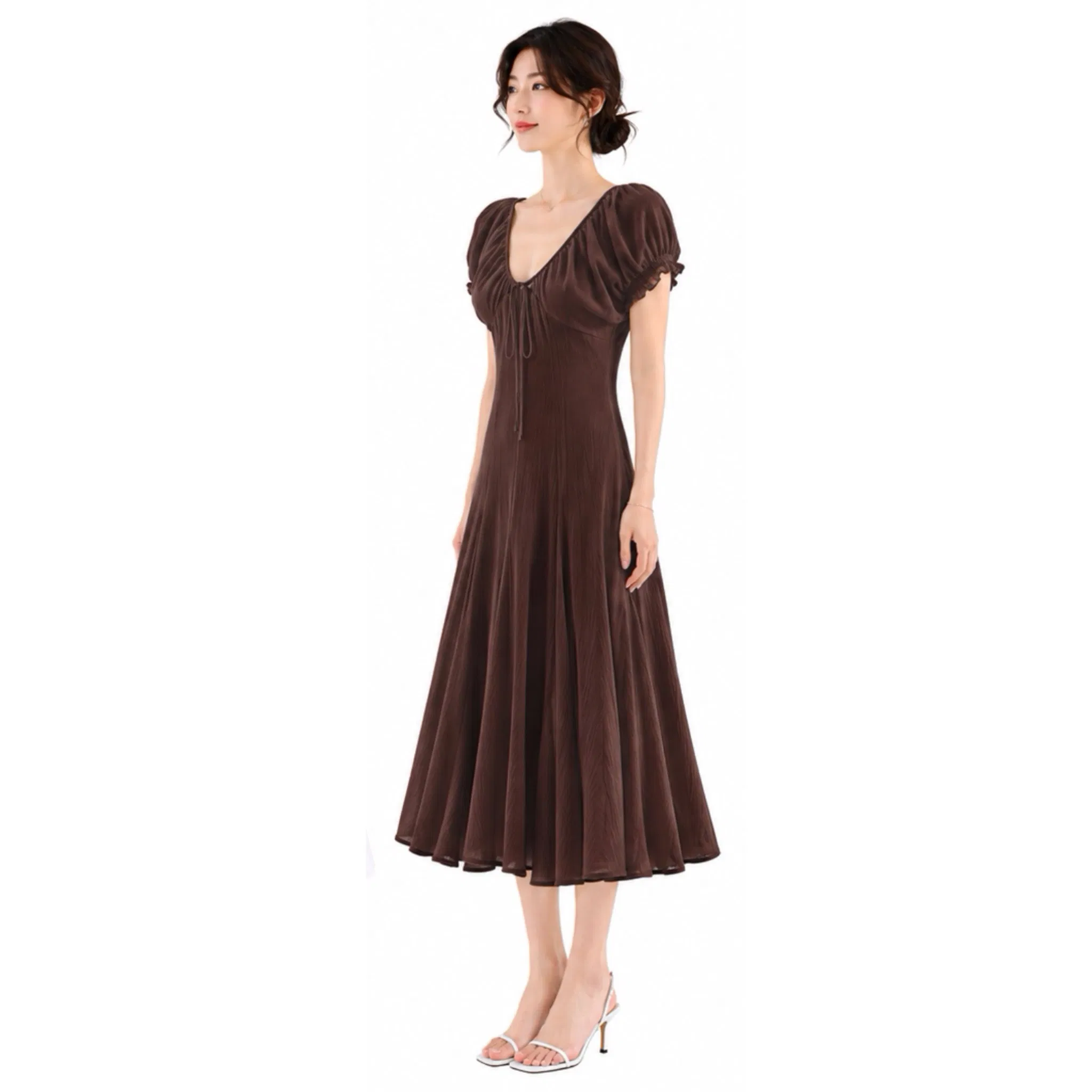 Vestido midi con fruncido en el busto y lazo en la parte delantera unisex, vestido de dos colores para mujeres, vestido de estilo swing