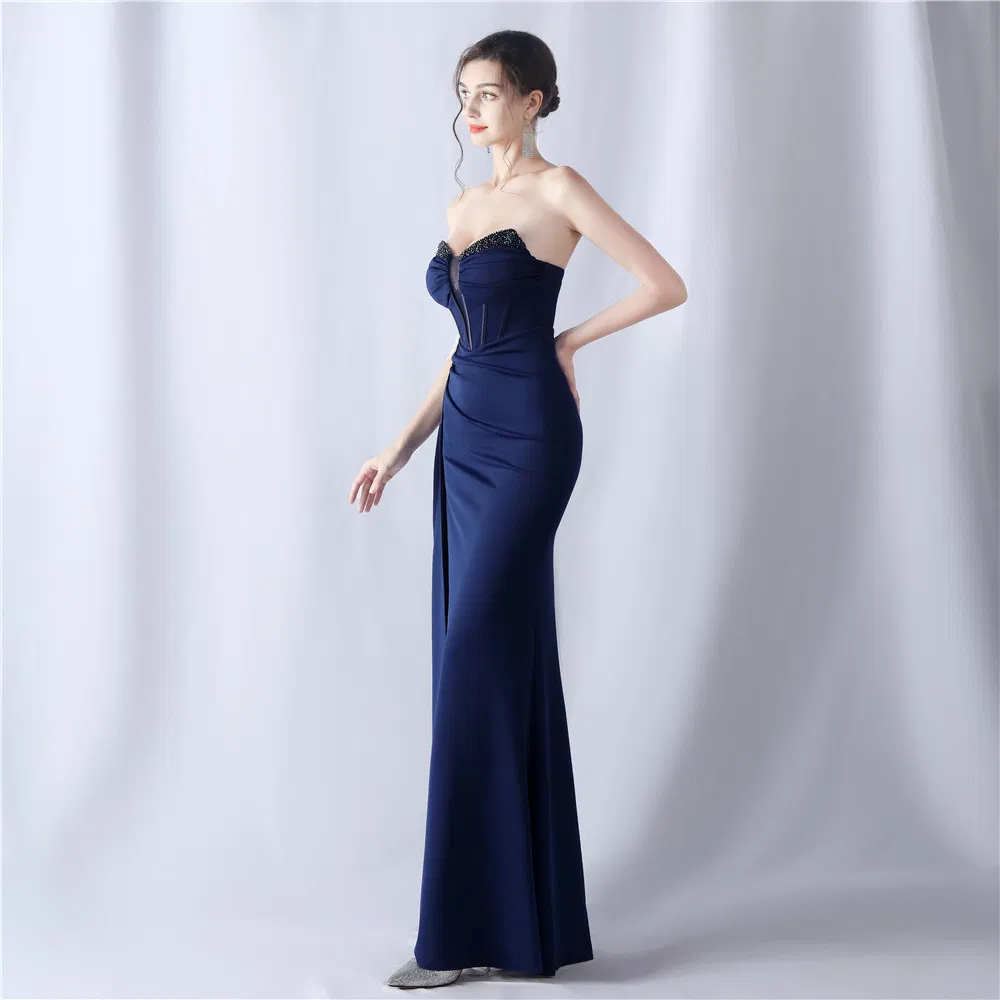 Exportar vestido de noche con hombros al descubierto, plisado de satén, con alta abertura