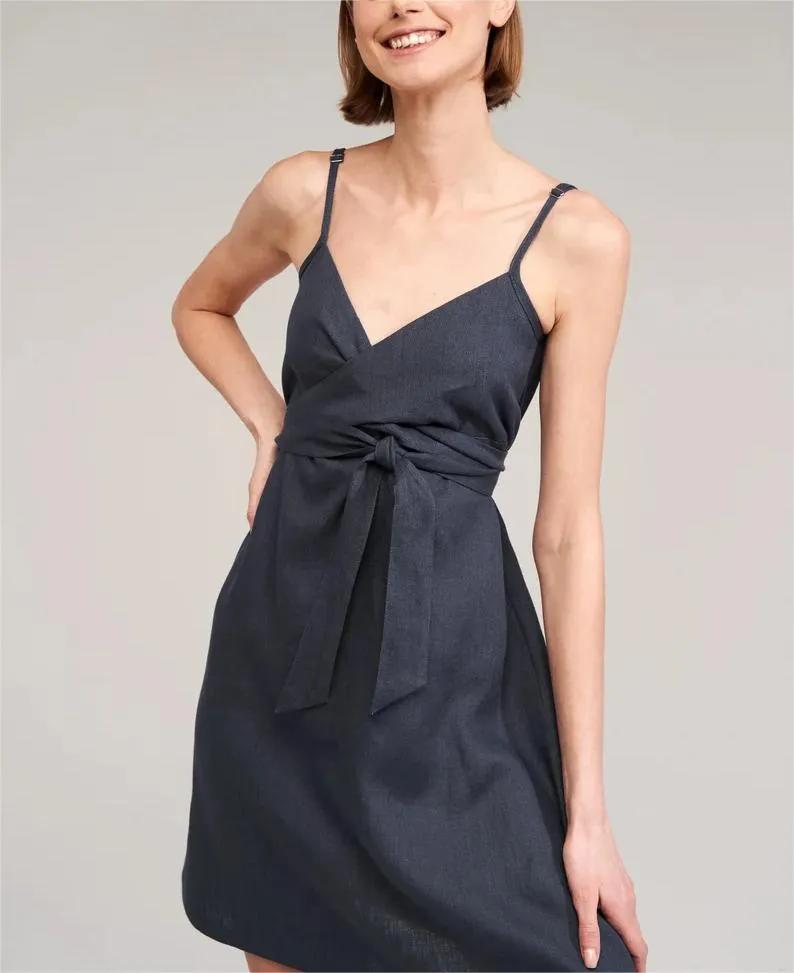 2025summer Vestido de lino negro mini con cuello en V para mujeres en venta caliente