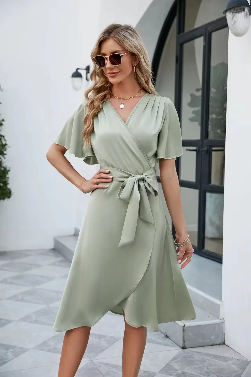 Vestido de verano vintage para mujer, de color sólido, falda suelta tipo camisa con cintura natural, vestido de noche casual con volantes, lavable
