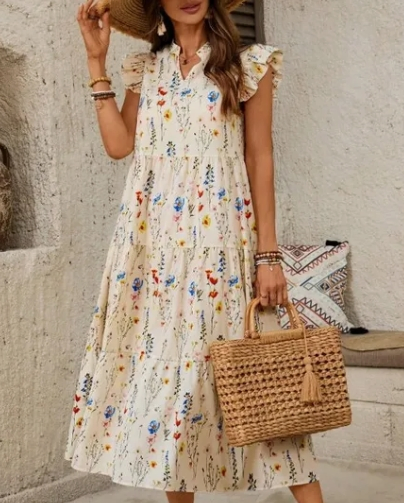 Vestido de Dama 2025 Nuevo Vestido de Punto Personalizado para Mujeres con Mangas Abullonadas, Escote Corazón, Impresión Floral, Con Abertura Lateral, Vestido Relajado para Fiesta o Cita