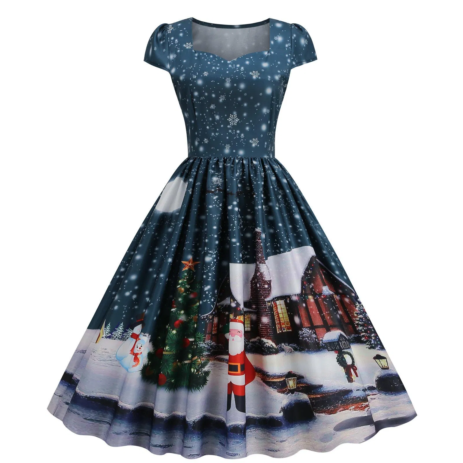 Vestido vintage de satén impreso con cuello cuadrado casual para mujer, estilo acampanado de Navidad